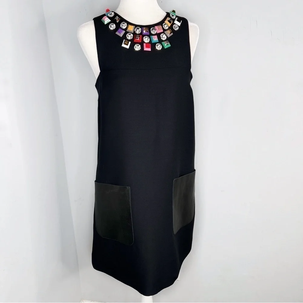NWT Fendi Monster Eyes Embellished Black Leather Wool Cocktail Dress 42 6 - Picture 3 of 15